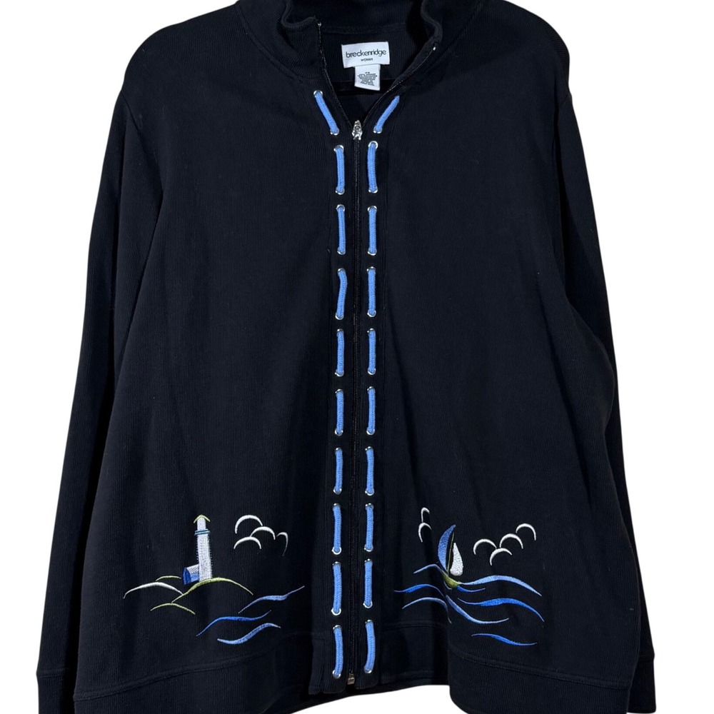 Breckenridge Woman 2X Navy Blue Nautical Embroidered Full Zip Sweatshirt Jacket